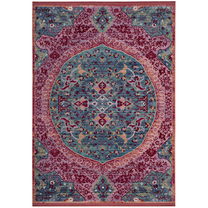 Bungalow Rose Aquashicola Power Loom Performance Blue/Pink Rug Wayfair